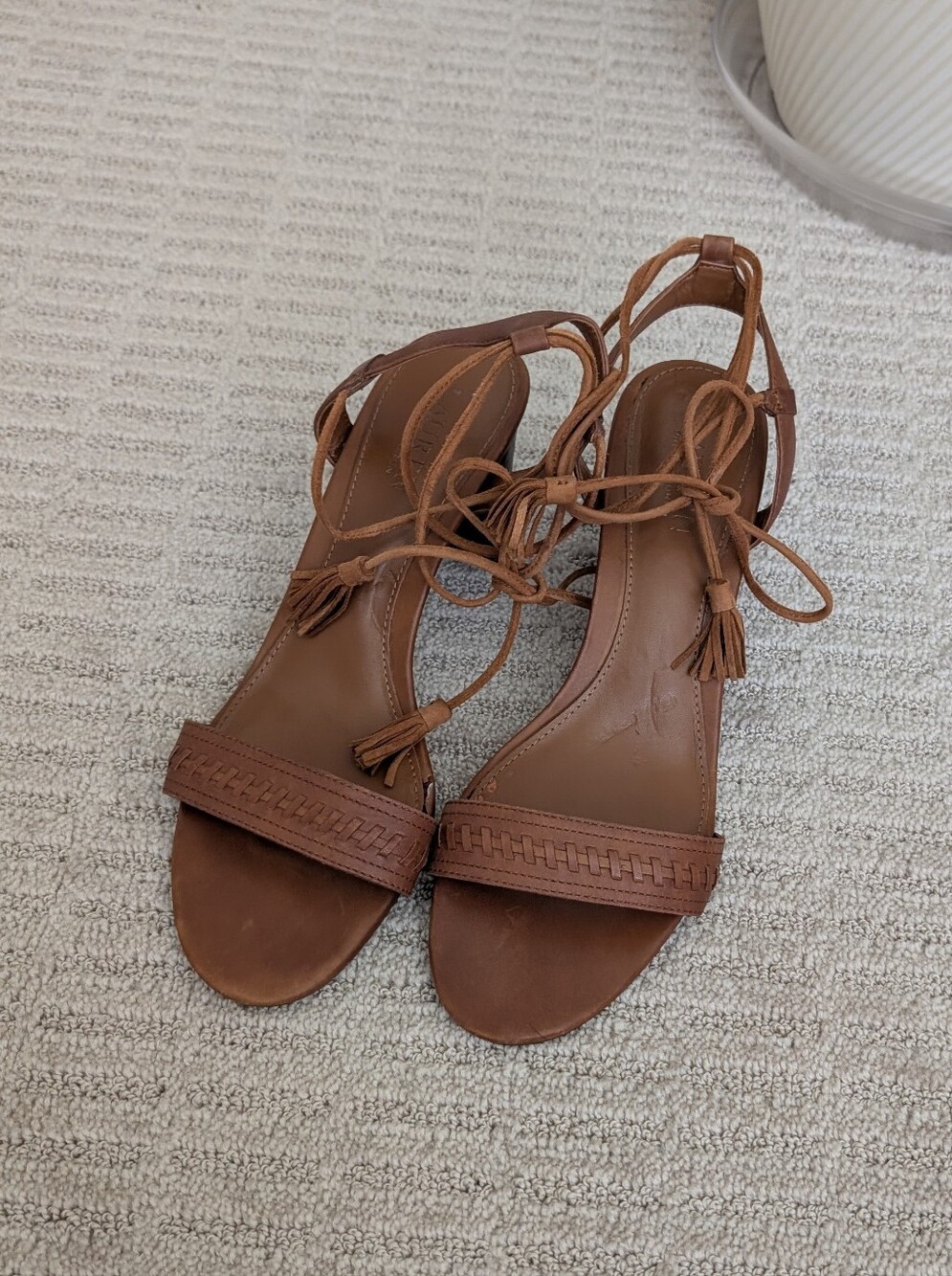 Ralph Lauren Cognac Leather Ankle-Tie Block Heel Sandals 9.5 - Picture 2 of 11